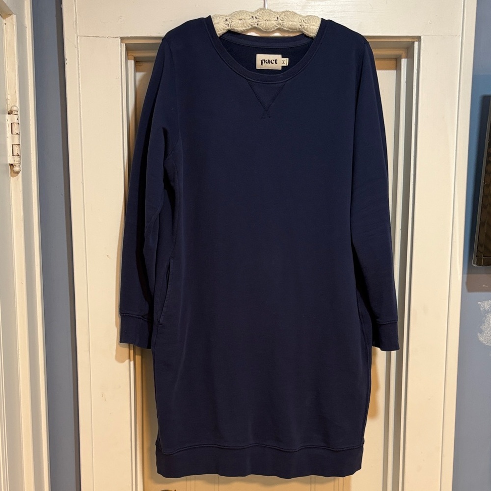 PACT® Organic Cotton Downtime Essential Long Sleeve Navy Sweatshirt Dress - Picture 9 of 9